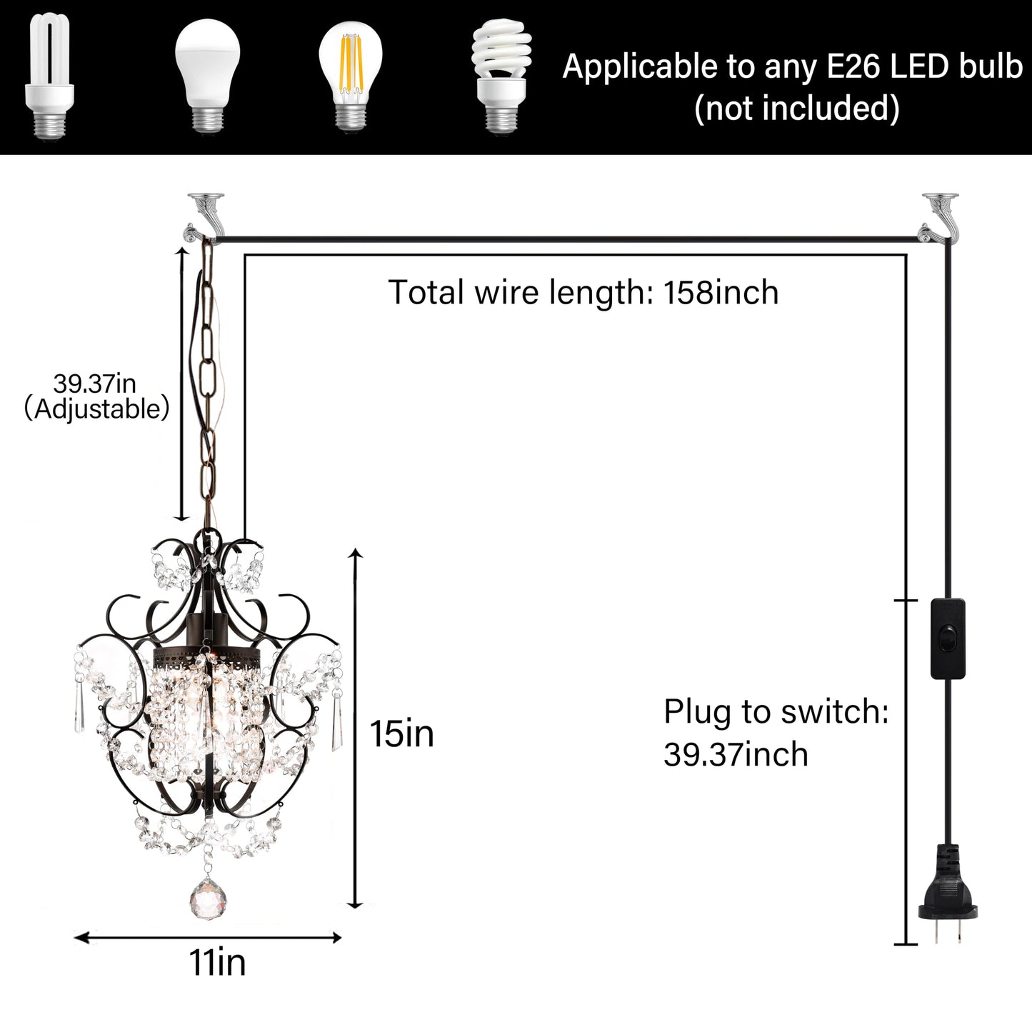 Plug in Pendant Lights with K9 Crystal Bronze Hanging Lamp with 15Ft Clear Cord & On/Off Switch，Mini Chandelier for Closet Living Room Girls Room Bedroom Nursery