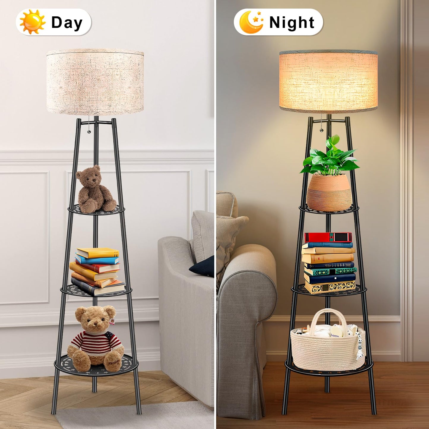 ZQQLITE Floor Lamp with Shelves for Living Room， Standing Lamp，Tall Lamp， Amparas Elegantes para Sala with Linen Shade，Modern Floor Lamp for Living Room，Bedroom or Office（Black ）