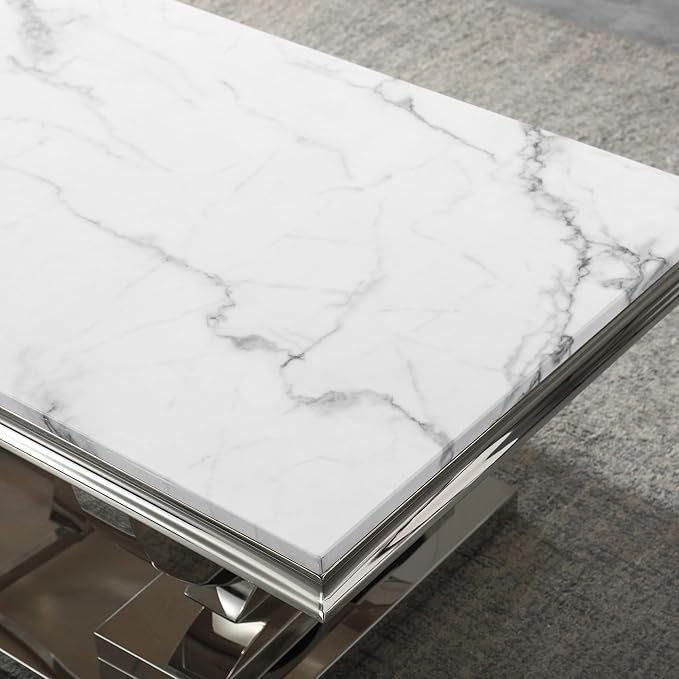 Henf 47" Marble Coffee Table Modern White Faux Marble Center Table