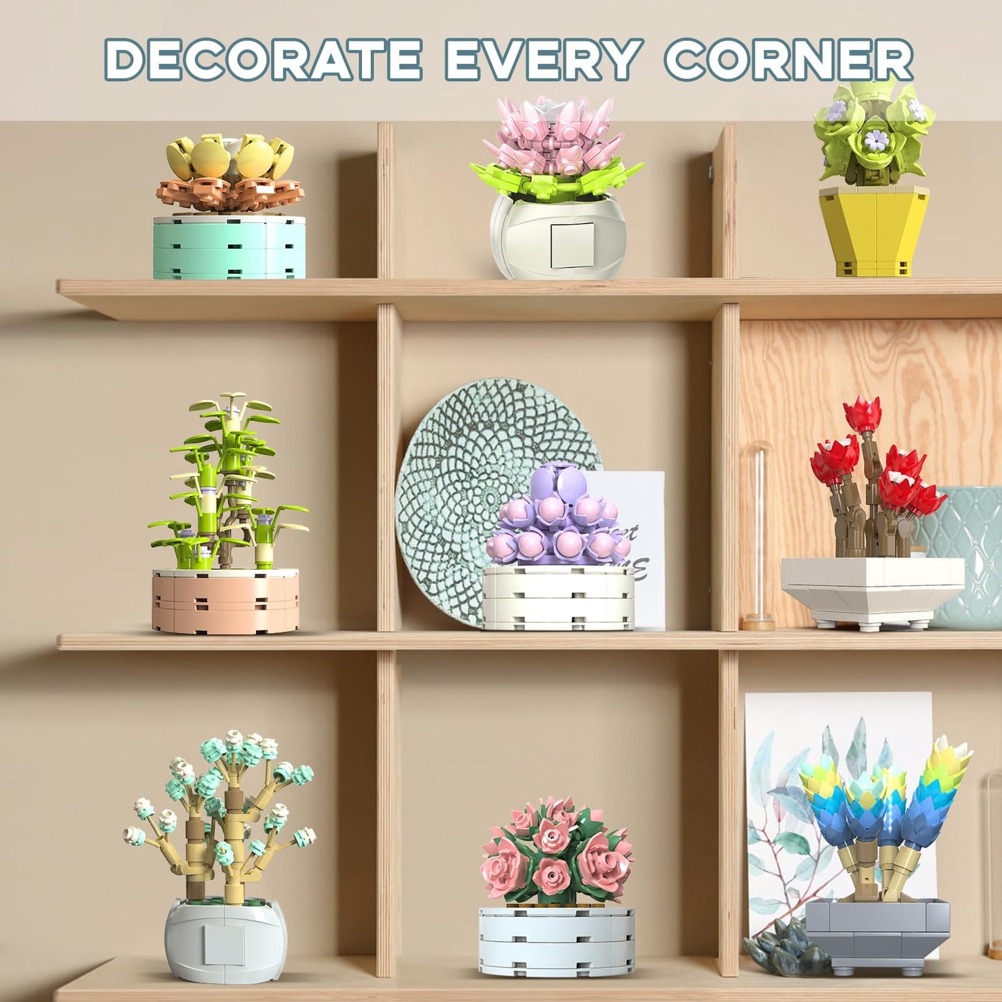 JMBricklayer Flowers Succulents Botanical Valentines Building Sets, Plants Office Home Decor Succulents Bonsai Building Toys, Creative Flowers Building Project for Adults, Gifts Ideas for Girls Women