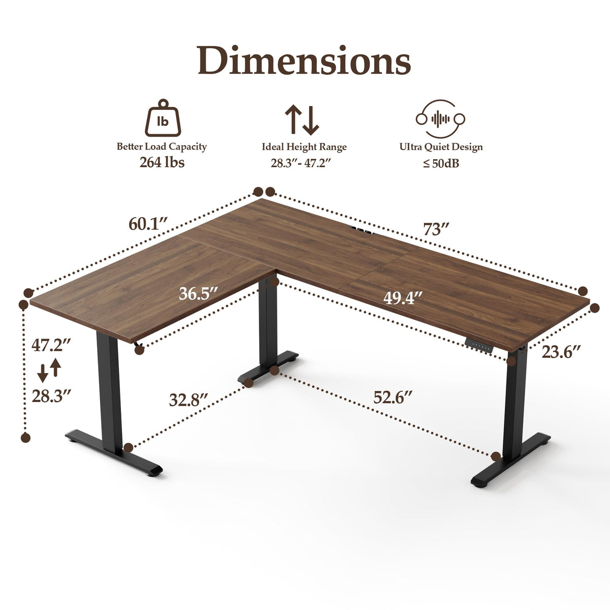 Klicelor L Shaped Standing Desk 73 x 60 Inch, Electric Height Adjustable Corner Desk for Home Office Workstation, Ergonomic Sit Stand Computer Table with Memory Controller, Dark Walnut