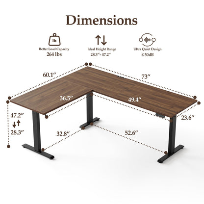 Klicelor L Shaped Standing Desk 73 x 60 Inch, Electric Height Adjustable Corner Desk for Home Office Workstation, Ergonomic Sit Stand Computer Table with Memory Controller, Dark Walnut