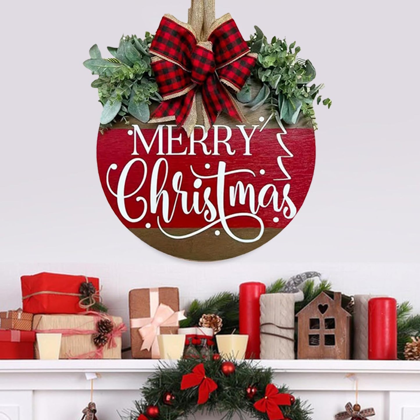 Merry Christmas Hanging Sign for Front Door, Wooden Welcome Wreath with Bow for Holiday Rustic Farmhouse Outdoor Wall Window Decor (Merry Christmas Wreath)