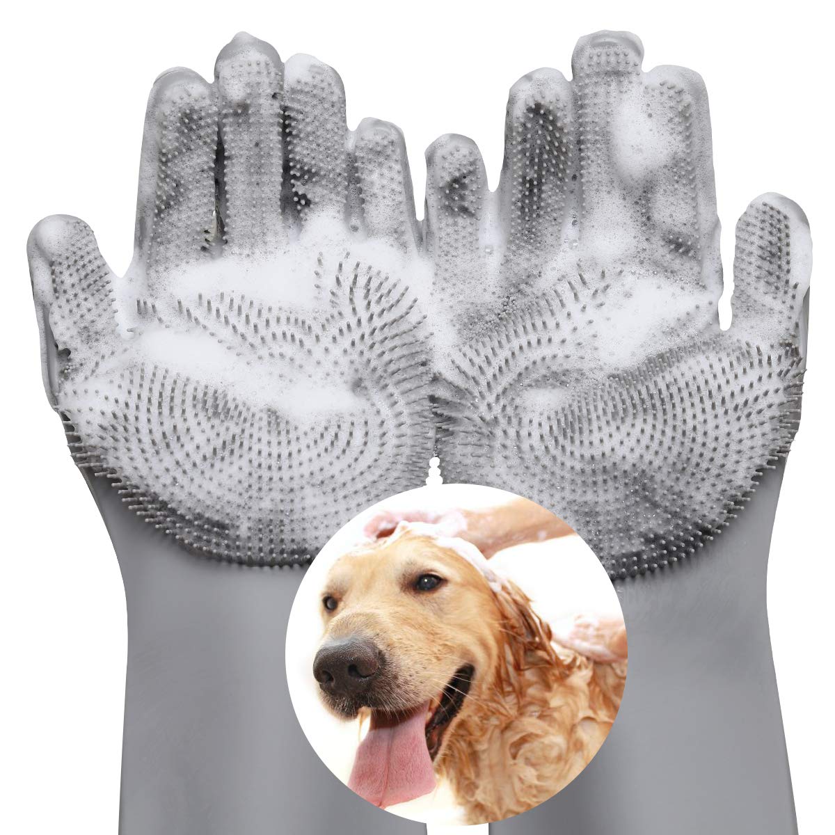 VavoPaw Pet Grooming Gloves - Dog Bathing Shampoo Brush with High Density Teeth, Heat Resistant Silicone Five Finger Design for Bathing and Massaging Dogs and Cats, Gray