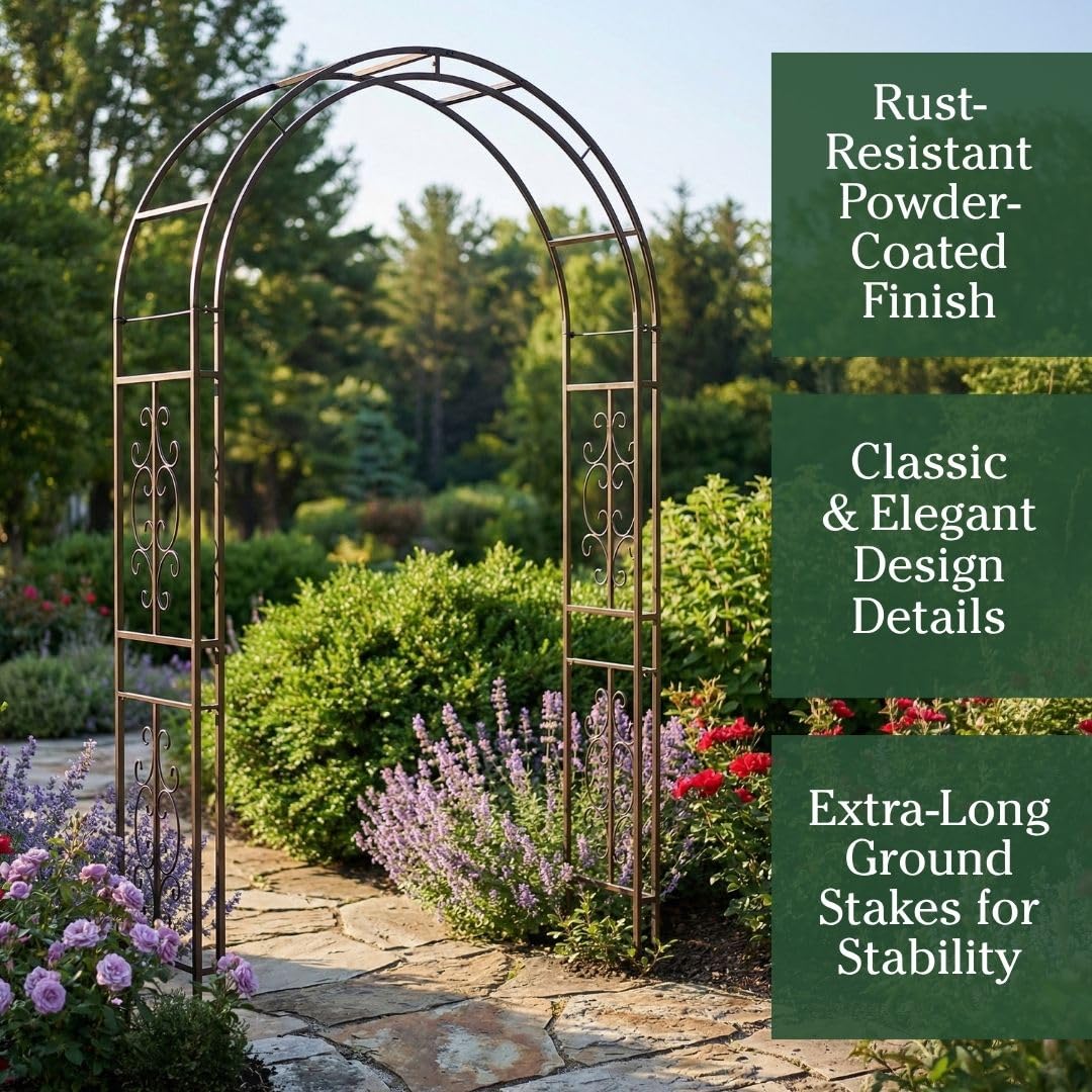Plow & Hearth Arch Metal Outdoor Garden Arbor Montebello Gunmetal 7 Feet Tall, Steel Iron Trellis Lattice for Climbing Plants & Heavy Vines Wedding Arch Outdoor Patio Décor