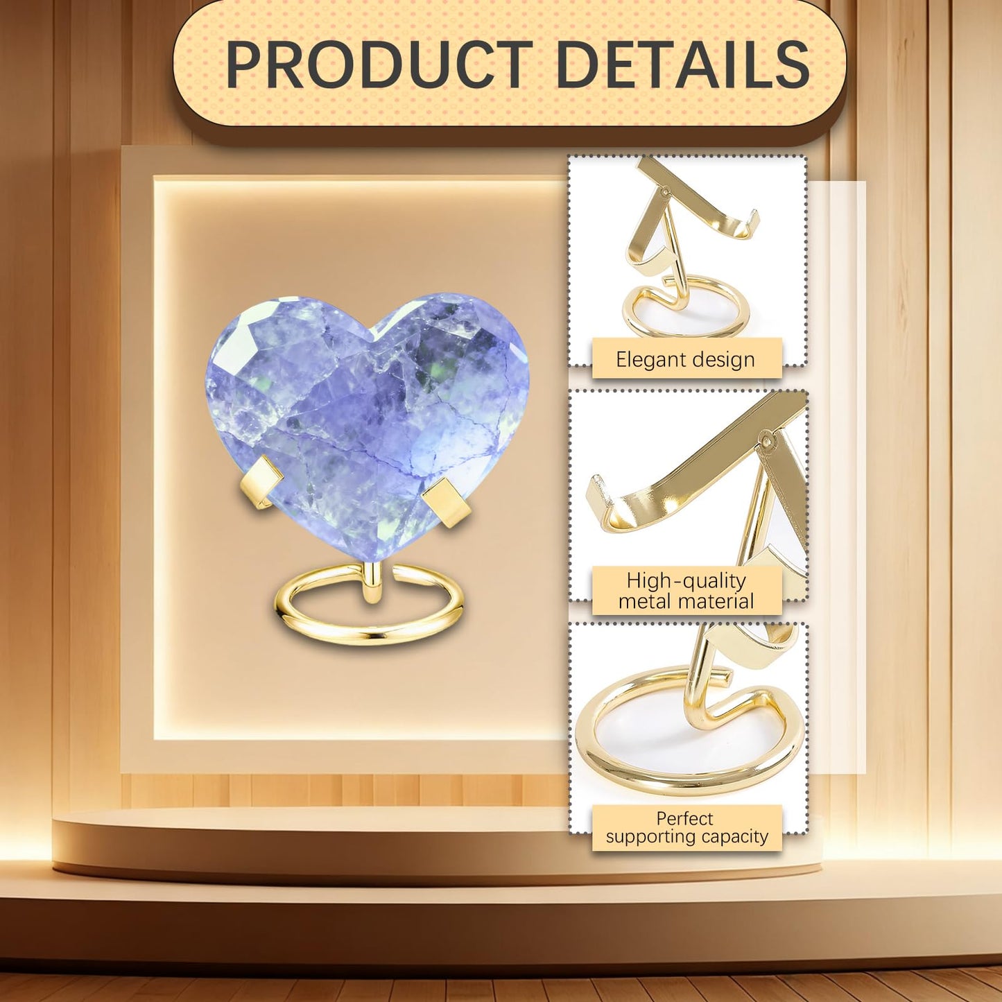 GeryVtee 6PCS Metal Crystal Holder Rock Display Stand Crystal Ball Holder Mineral Specimen Display Easel Holder for Gemstones Fossils Agate Slabs Plates (Gold)