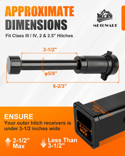 METOWARE Trailer Hitch Lock, Locking Hitch Pin-Fits 2" & 2.5" Receiver with 5/8" Dia 3-1/2" Long Pin,Receiver Lock for Class III IV Hitches, Anti-Theft Trailer Hitch Pin with Anti-Rattle O-Rings,Black
