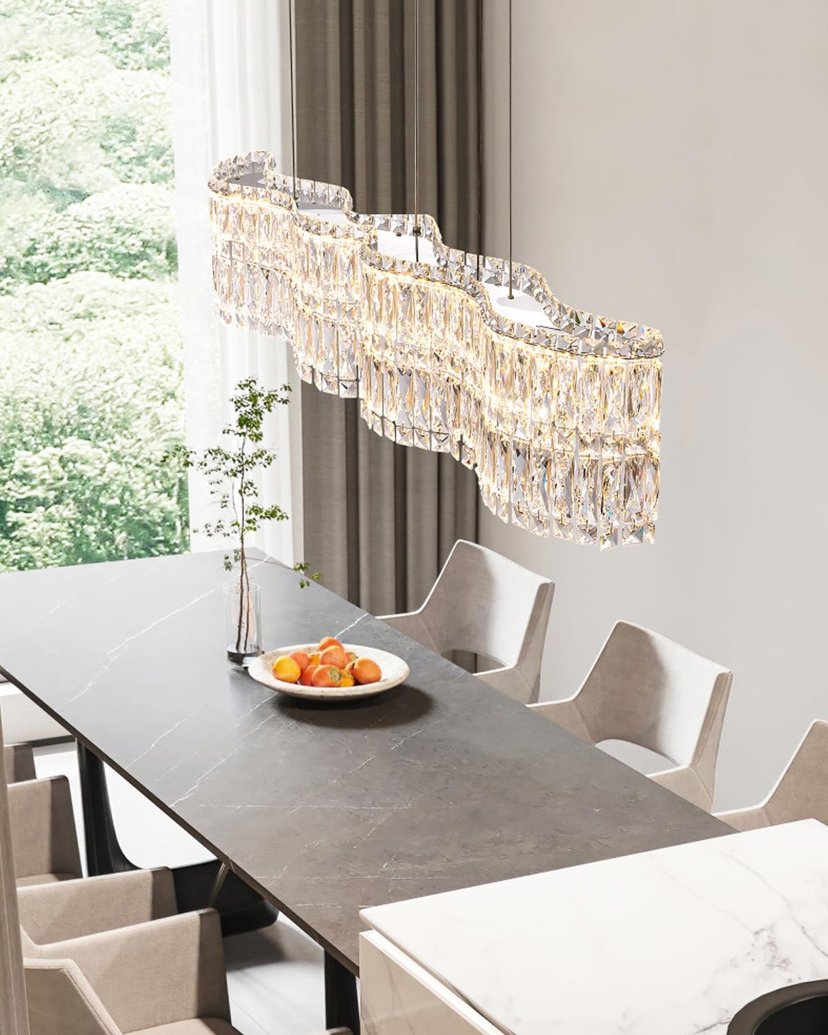 Dfxinyuan Modern Rectangle Crystal Chandeliers for Dining Room 31.4″ Linear Glass Chandelier Pendant Light Fixture for Kitchen Island Living Room, L31.4″×W13.7″×H8.6″