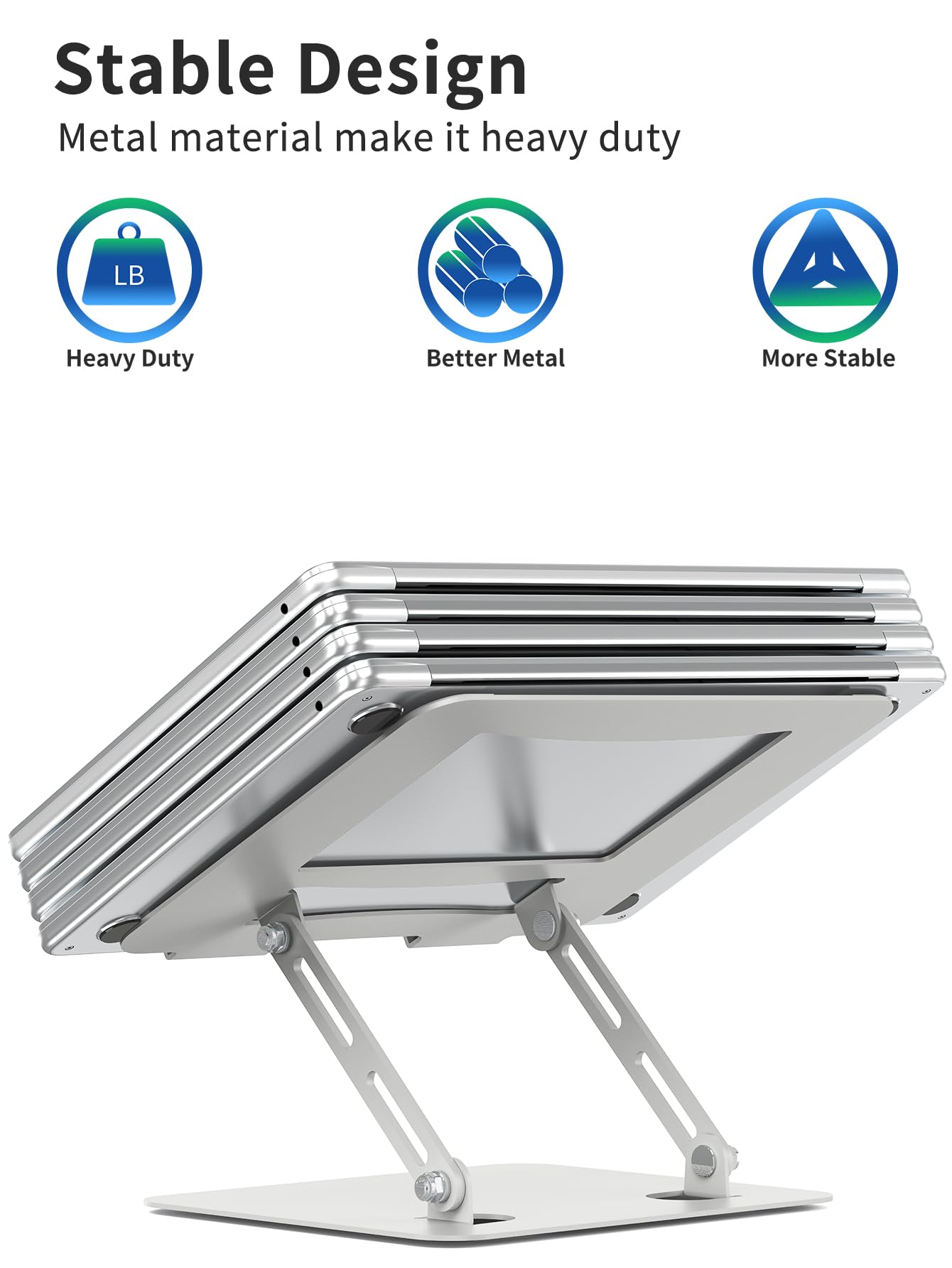 SOUNDANCE Laptop Stand for Desk with Stable Heavy Base, Adjustable Height Multi-Angle, Ergonomic Metal Riser Holder, Foldable Mount Elevator, Compatible with 10 to 15.6 Inches PC Computer, Silver