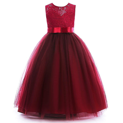 Glamulice Flower Girls Lace Bridesmaid Dress Long A Line Wedding Pageant Dresses Tulle Party Gown Girl Kid Elegant Holiday Evening Formal Princess Birthday Dance Ball Gown Christmas Red Wine 8 Prom
