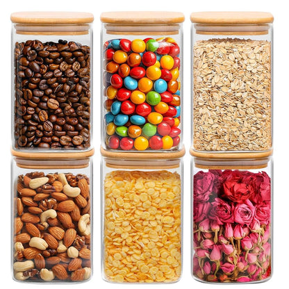 ComSaf 1.2 QT Glass Storage Containers with Lids, Glass Jars with Lids, Clear Food Jar, Square Canister Set of 6, Pantry Organizers and Storage for Cookie Flour Oat Pasta Tea Coffee Bean