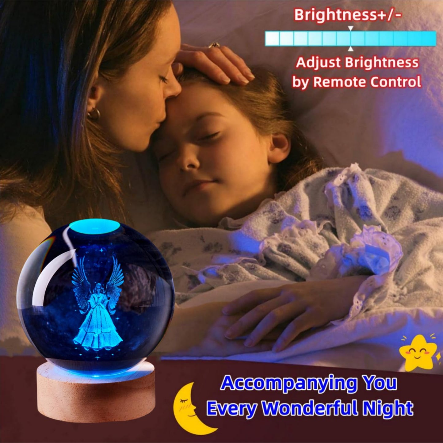 LMLOBEP Large Angel Crystal Ball Night Light with Woodern Base, 3D Crystal Lamp 16 Color Changing with Remote Control, Laser Engraved Glass Ball Lamp, Room Decor (Angel)