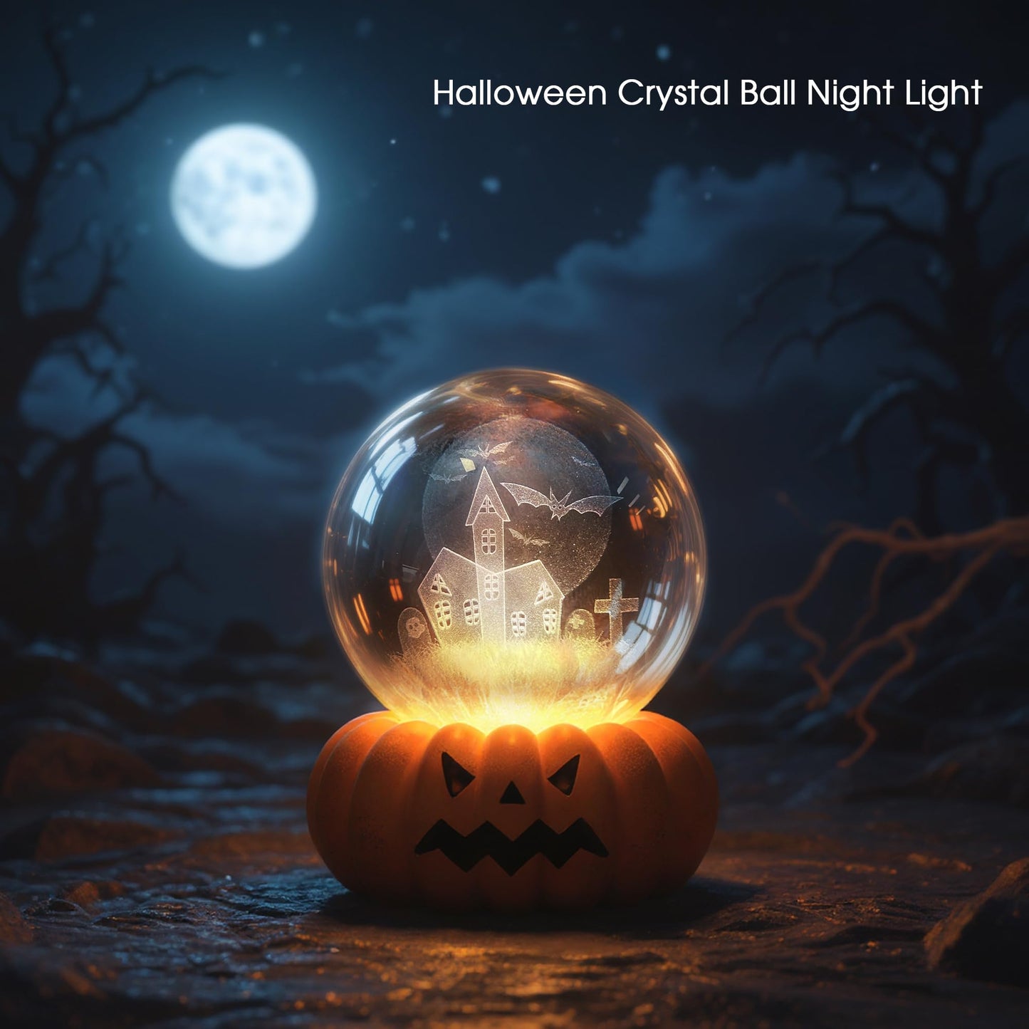 L LOHAS LED 3D Crystal Ball Night Light-Laser Engraved Haunted House Bat with Pumpkin Base,Cute & Funny Halloween Night Light for Kids, 3000K Warm White for Halloween Party Decor