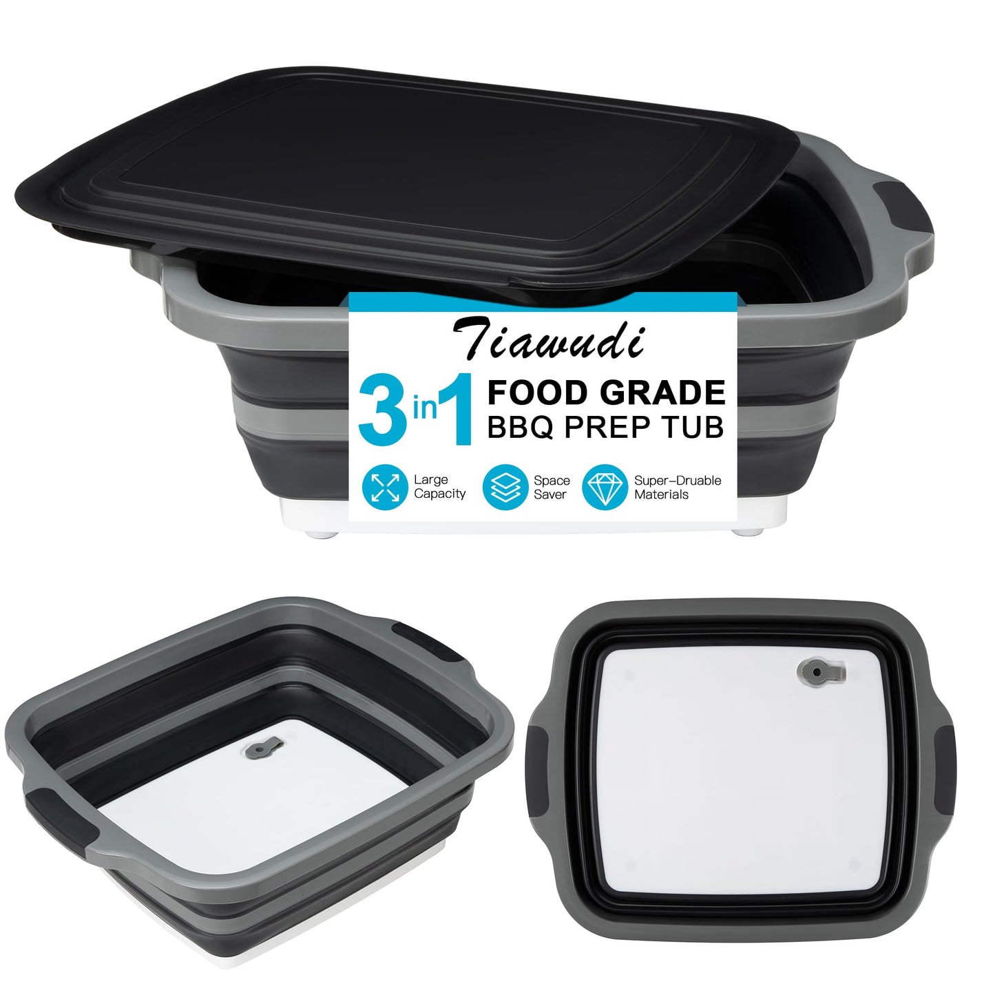 Tiawudi Large Collapsible BBQ Prep Tub with Lid(4.22 Gal/16L), Foldable Camping Sink with Colander, Cutting Board, Dish Basin for Kitchen, Bowl, Vegetable and Fruit, Storage Basket for Picnic