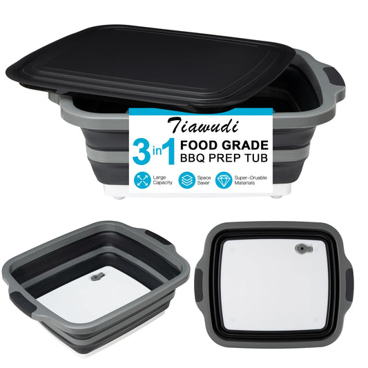 Tiawudi Large Collapsible BBQ Prep Tub with Lid(4.22 Gal/16L), Foldable Camping Sink with Colander, Cutting Board, Dish Basin for Kitchen, Bowl, Vegetable and Fruit, Storage Basket for Picnic