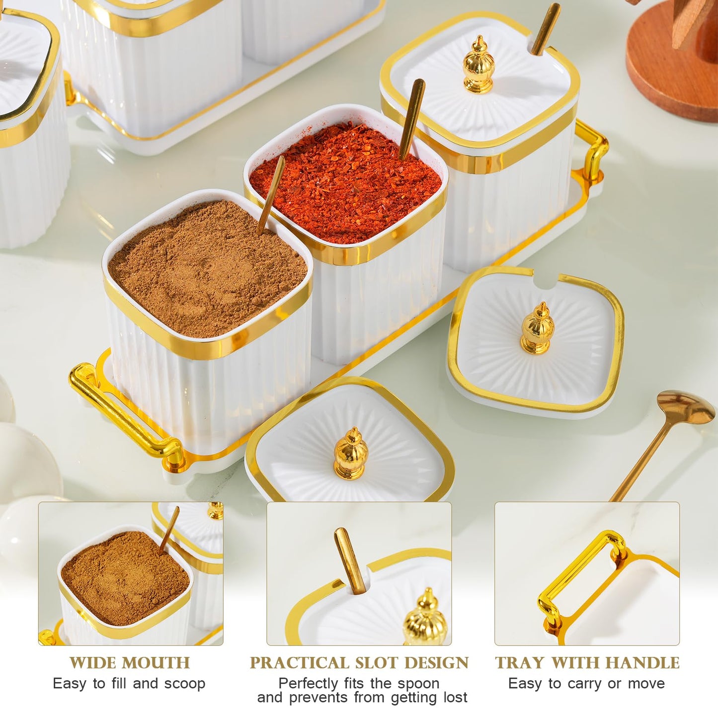 EABOSON 3 Pack Gold Condiment Spice Jars with Lids, Spoons, Tray - Plastic Seasoning Box Set for Salt, Pepper, Sugar - Kitchen Storage