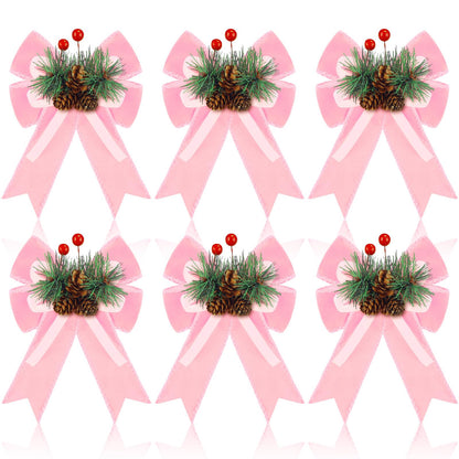 Syhood 6 Pcs Christmas Velvet Bow with Pine Cones Pine Needles Berries Xmas Pink Ribbon Bow Ornaments 6.3 x 5.1 Inch for Christmas Tree Wreath Garden Fireplace Crafts DIY Decor