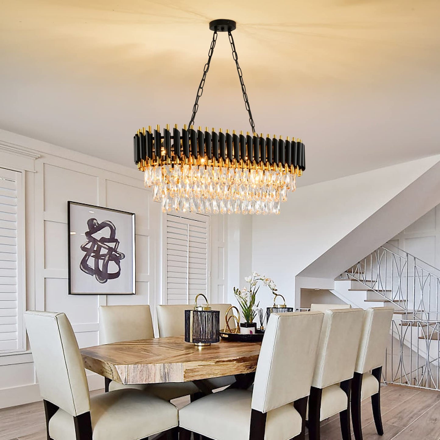 AKDXIRUN Modern Crystal Chandeliers for Dining Room 8-Light Black and Gold Chandelier Living Room Oval Contemporary Ceiling Hanging Light Pendant Light Fixture for Kitchen Island Bar L32 inch