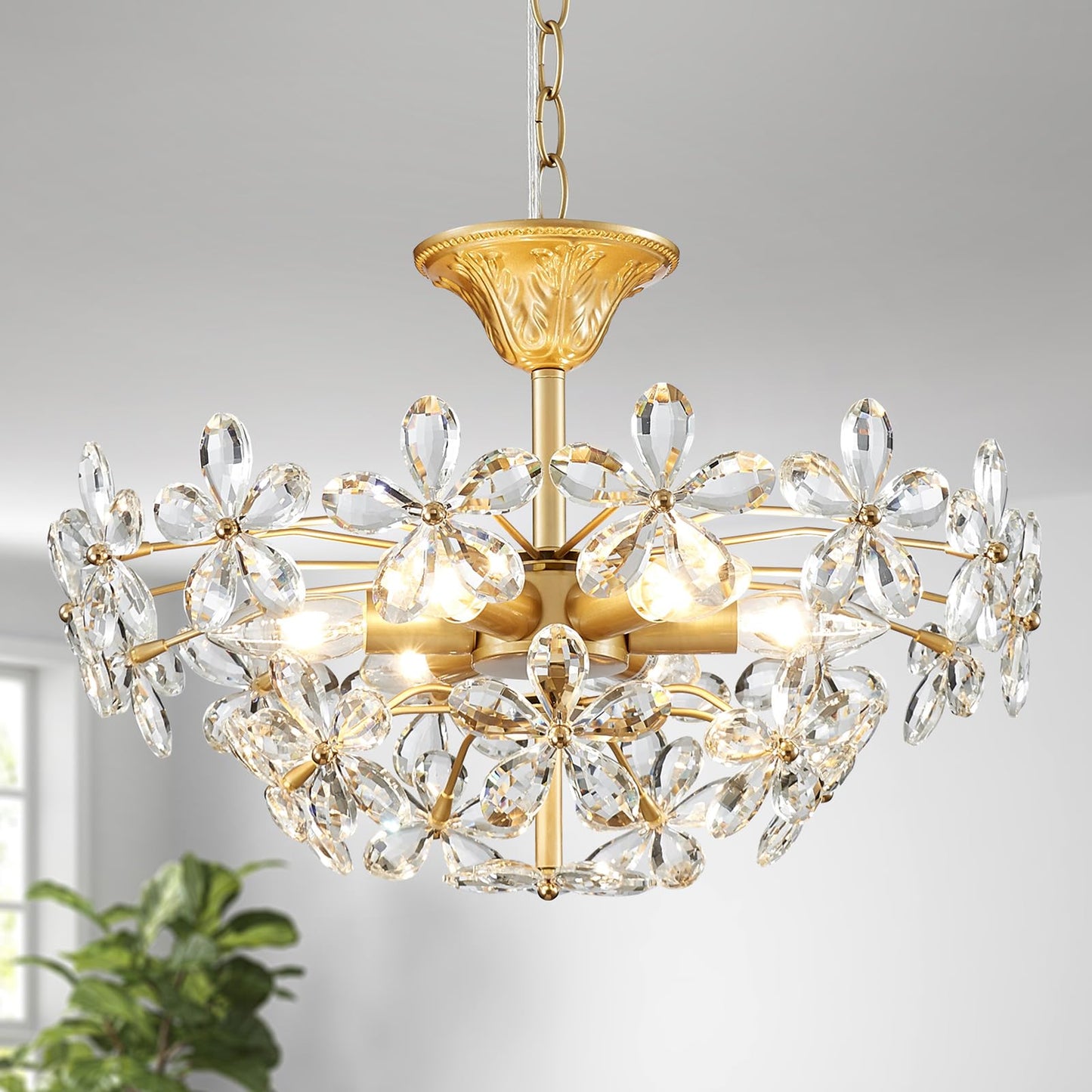 GlowEasely K9 Crystal Flower Chandelier for Dining Room, Living Room, Bedroom, Hallway, Kids Room, Foyer, Gold, Mayflower 6-Light Modern Pendant Chandelier, E12 Socket, D18.3 * H16~41inch (Adjustable)