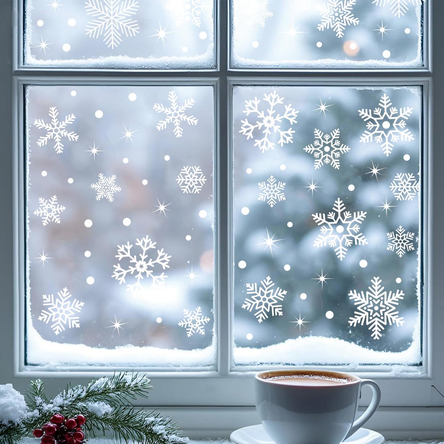 Kasubeso 92Pcs Snowflake Window Clings Decals, Peel and Stick Glitter Christmas Wall Stickers, Removable Winter Xmas Wall Docer for Holiday Party Bedroom Living Room Offices Home Decoration