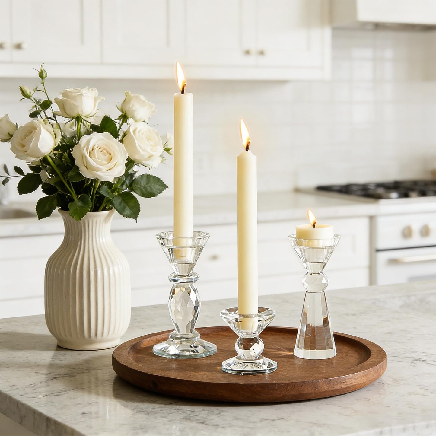 DN DECONATION Glass Candle Holder Set of 3, Candlesticks Holders Clear Crystal Tealight Candles Holder Home Decor Aesthetic for Table Centerpiece Wedding Decorations Housewarming Gift Living Room