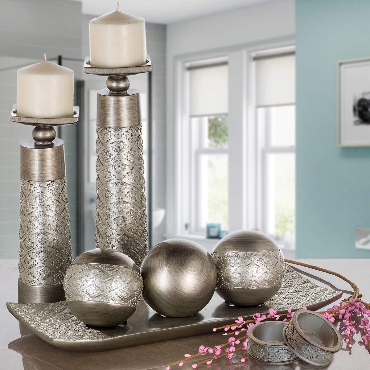 Creative Scents Dublin Silver Home Decor Tray with Orbs Set and Matching Set of 2 Candle Holders with Set of 6 Napkin Rings - Coffee Table Mantle Decor Centerpiece Table Decorations for Living Room