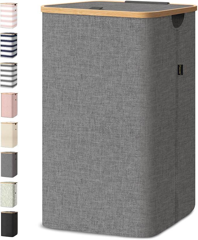 BALEINE Laundry Hamper with Lid, Tall Laundry Baskets with Bamboo Pull Handles