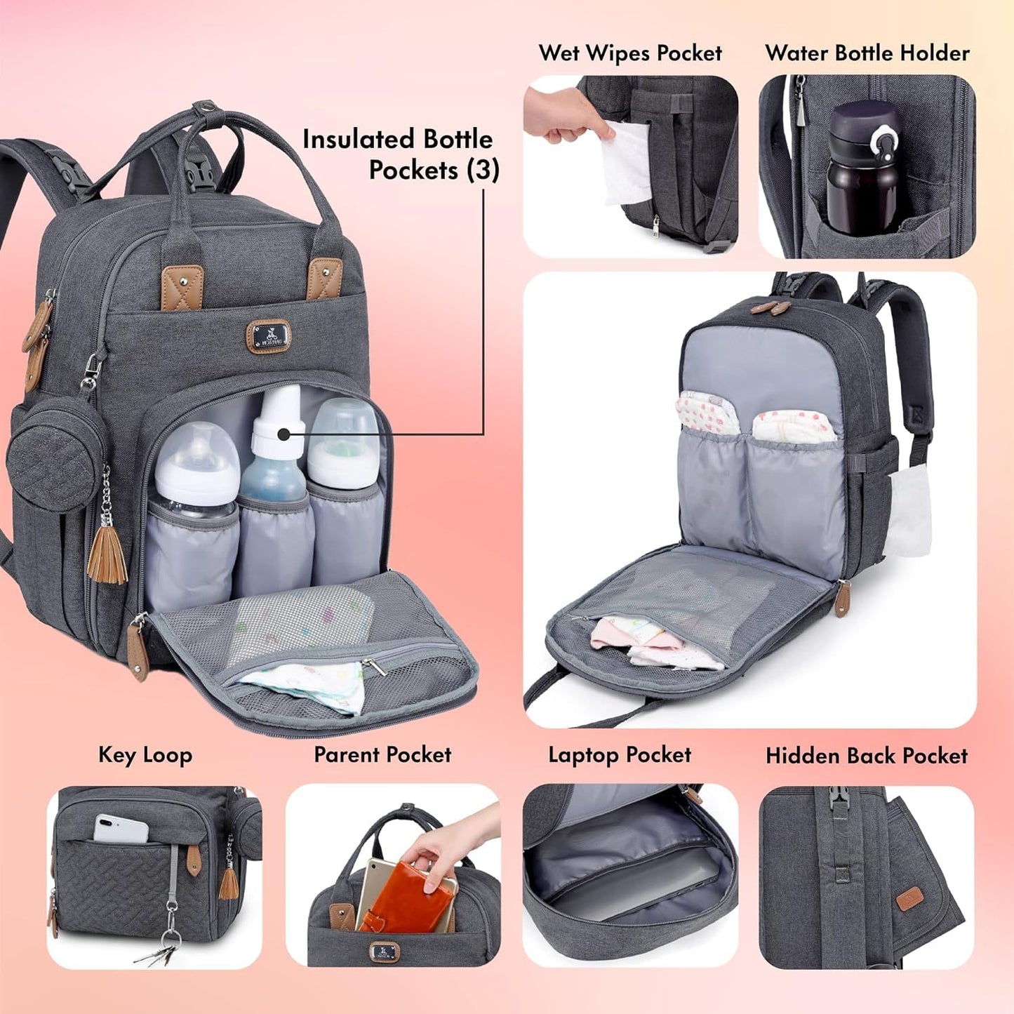 Dikaslon Baby Changing Bag Backpack, Large Baby Bag for Mum and Dad with 19 Pockets, Spacious Nappy Changing Bags with Mat, Pacifier Holder, Stroller Straps, Durable Polysteer (Dark Grey)