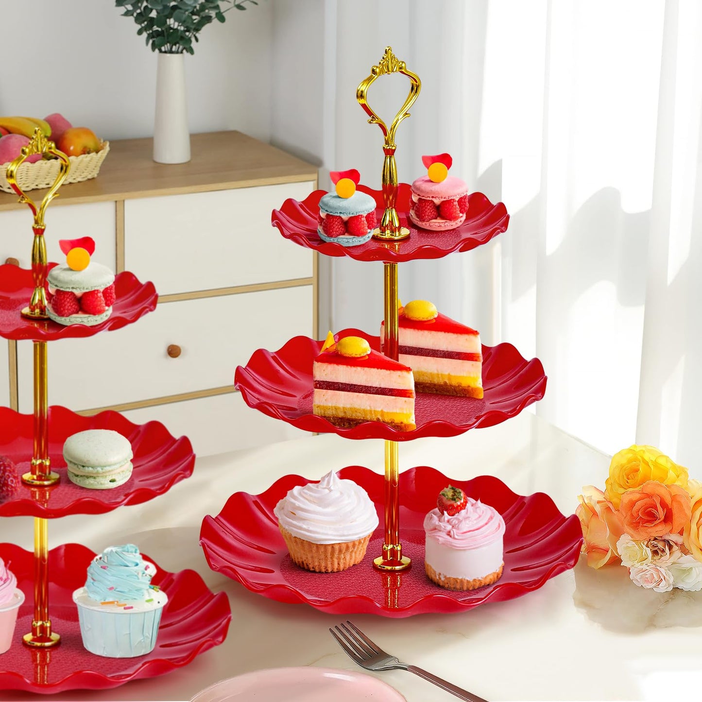 Soleebee 3-Tier Cupcake Stand, Wavy Plastic Tiered Serving Tray, Cup Cake Tower for Birthday Wedding Party Decoration, Cupcake Tier Stand Fruits Desserts Display 2 Pack (Red)