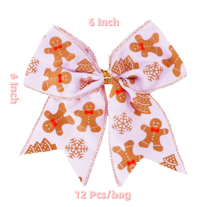 Meseey 12 Pcs Gingerbread Bows 6 Inch Large Pink and White Christmas Wreaths Bows Ornament for Xmas Tree Garland Home Wedding Indoor Outdoor Party Decor (Pink Gingerbread)