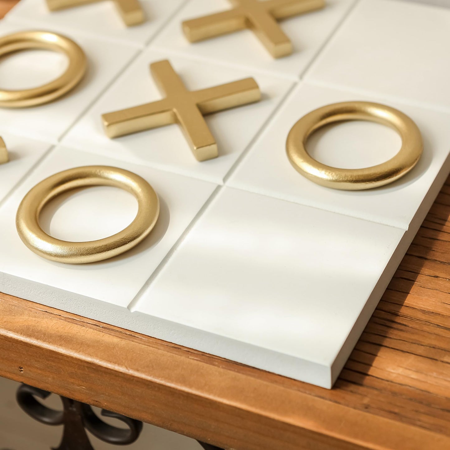 NIKKY HOME 12x12 Inch Tic Tac Toe Wood Game Board Classic Coffee Table Decor Modern Wooden Travel Game for Family, White & Gold