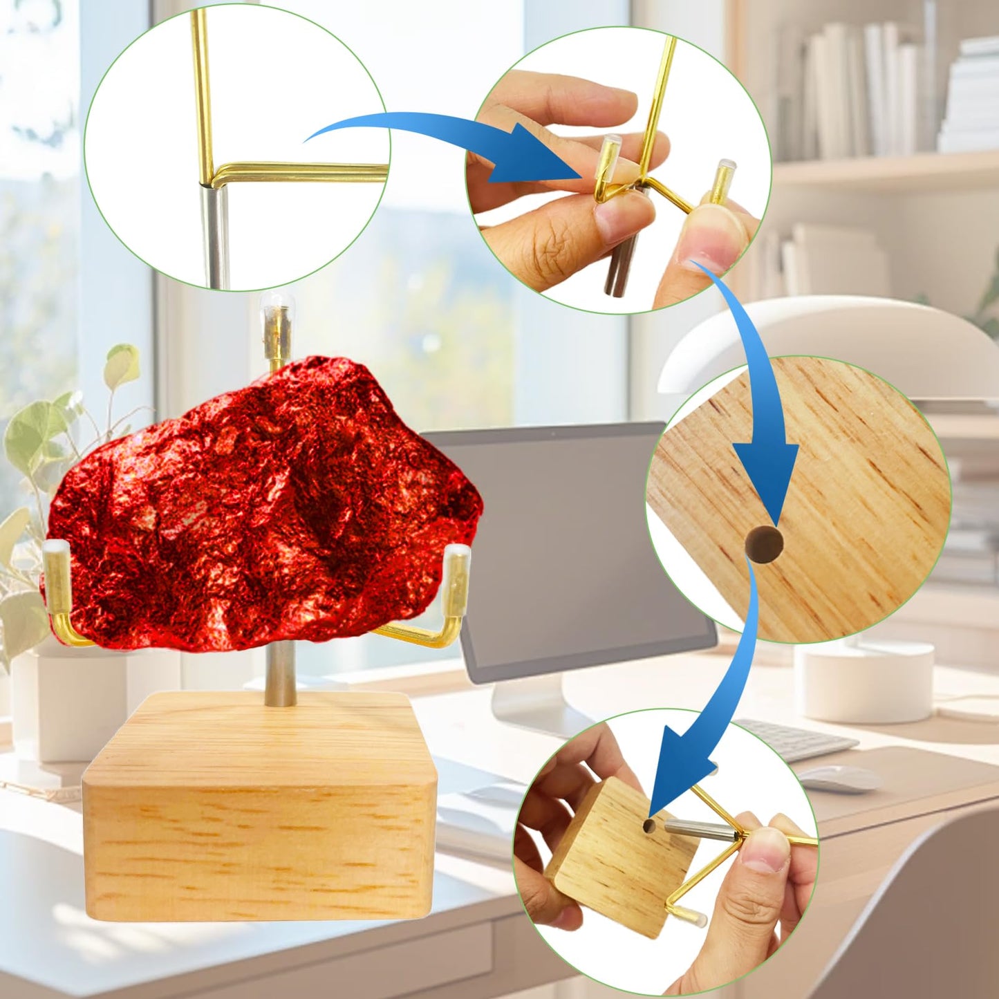 4 Pcs Rock Display Stand Crystal Display with Wooden Base Adjustable Metal Arms Display Easels for Gemstones Fossils Minerals Agate Slabs Plates Crystals Small Collectibles Display Stands,1.97 x 1.97 x 3.94 Inch