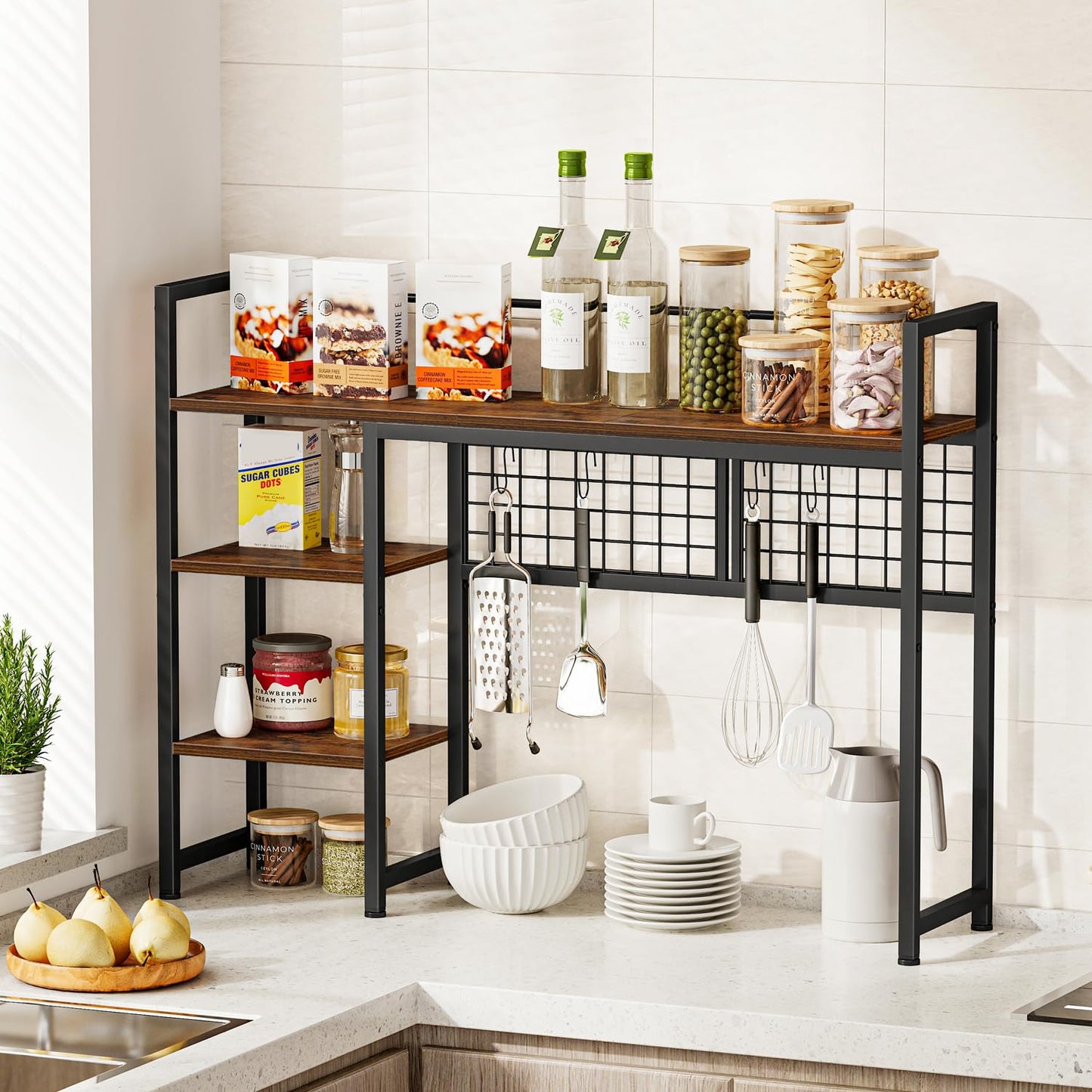 Snughome Desk Shelf, 38.6" Desktop Organizer Shelf, Desk Hutch for Computer Monitor, 4 Tier Desktop Display Rack with Pegboard Hooks Set, Wood Desktop Bookshelf for Home Office Dorm