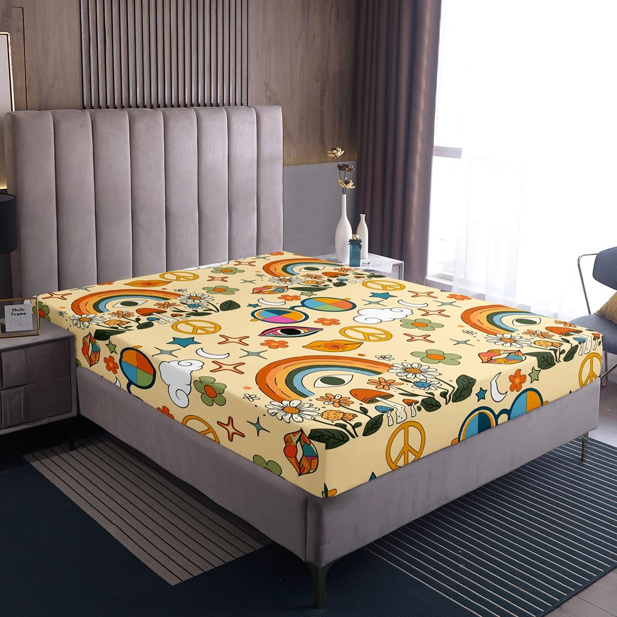 Castle Fairy Kids Retro 70s Hippie Style Bed Sheet Set King Size,Mushroom Bedding Set for Children Adult Present,Rainbow Floral Stars Moon Bedding (1 Fitted,1 Flat,2 Pillowcases), Microfiber