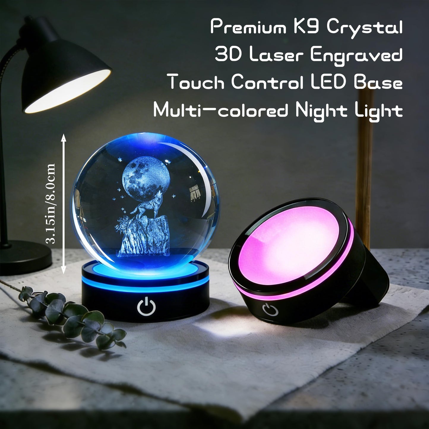 QIANCHANG Wolf Howling 3D Crystal Ball with LED Stand, 80mm Glass Sphere Night Light Lamp, Crystal Animal Figurines Collectibles, Wolf Lover Gifts for Men & Women