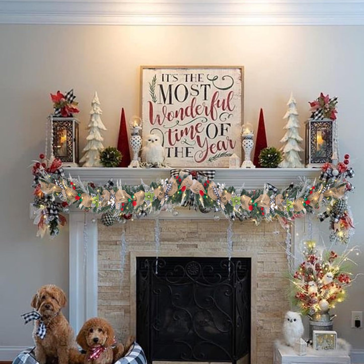 6 feet prelit Christmas Garland,Black and White Buffalo Plaid Christmas Decor with 30 LED Lights, Lighted Buffalo Plaid Decoration for Mantel,Stairs,and Front Door,Xmas Farmhouse Decor.