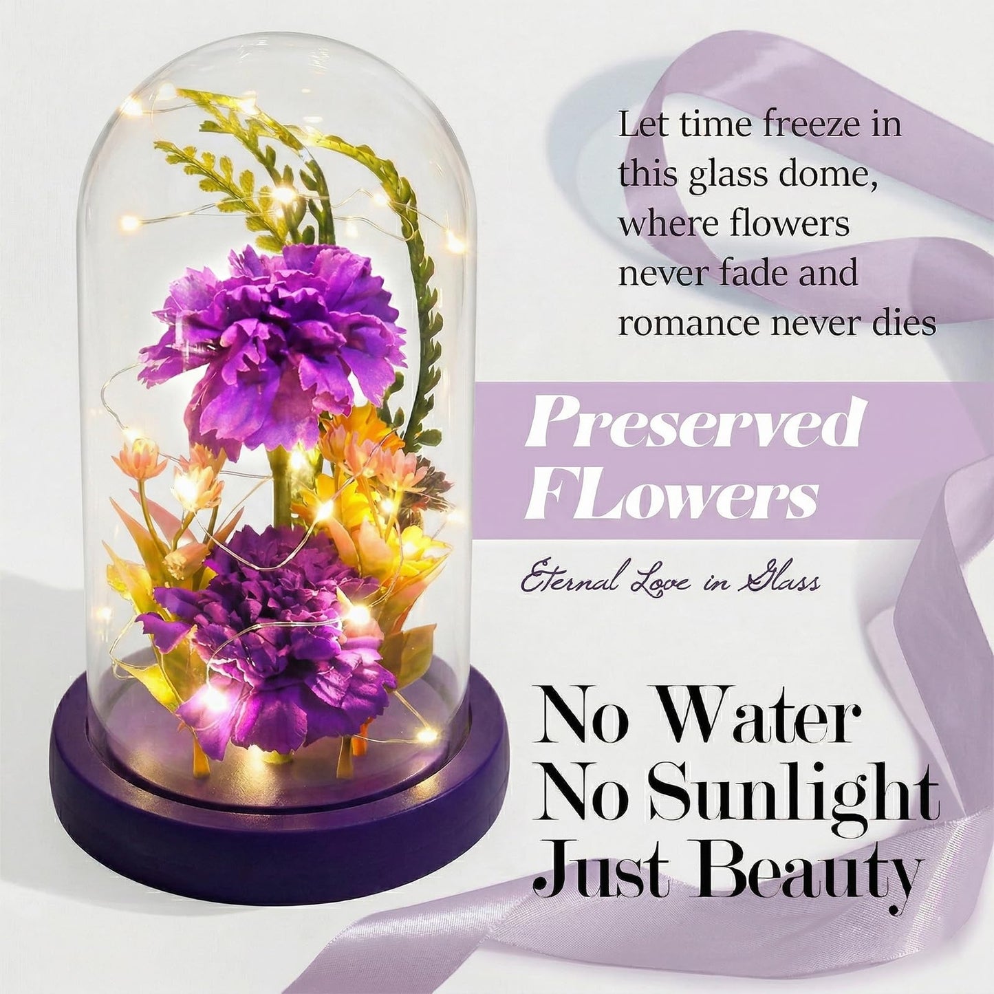 Strackvial Galaxy Glass Carnation Forever Preserved Flower with Light, Valentines Day Birthday Gift for Women, Mom, Wife, Girlfriend, Light Up Carnation in Glass Dome for Mothers Day