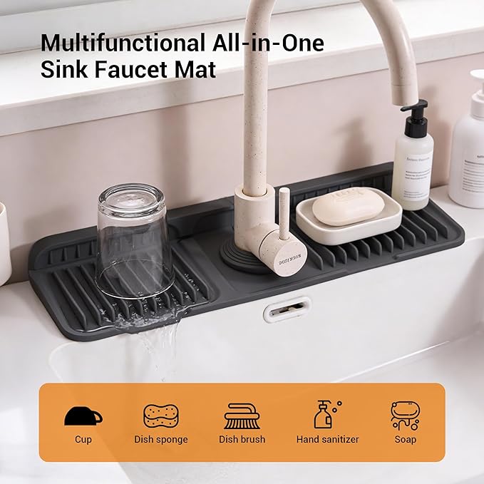 Faucet Mat for Kitchen Sink, Snap-On Design & 7°slope Fast Drain, Folding Sink
