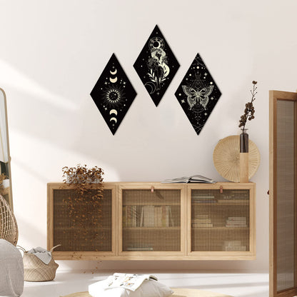 Sintuff 6 Pieces Gothic Wall Decor Boho Sun Moon Phases Wall Art Gothic Minimalist Stars Sun Hanging Wooden Home Decor Farmhouse Pediments for Gallery Living Bedroom Room(Boho)
