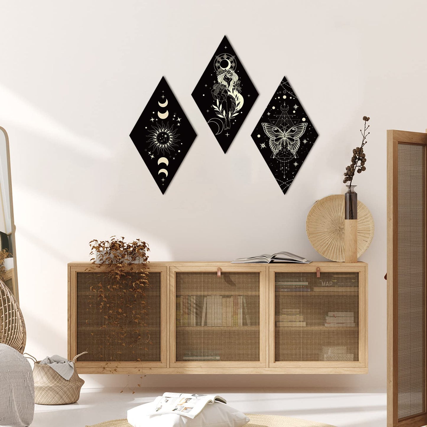 Sintuff 6 Pieces Gothic Wall Decor Boho Sun Moon Phases Wall Art Gothic Minimalist Stars Sun Hanging Wooden Home Decor Farmhouse Pediments for Gallery Living Bedroom Room(Boho)