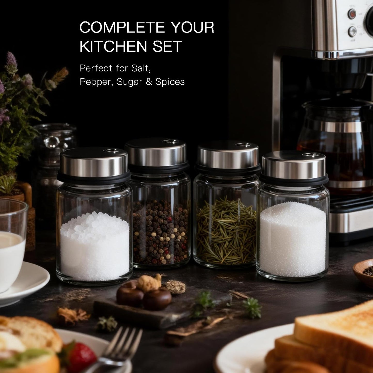 Shatterproof Glass Salt and Pepper Shakers Set Leak & Moisture Proof - 4 Adjustable Holes Precision Control - 5oz Borosilicate Glass Sugar & Spice Jars with Stainless Lid, Wide-Mouth, Dishwasher Safe