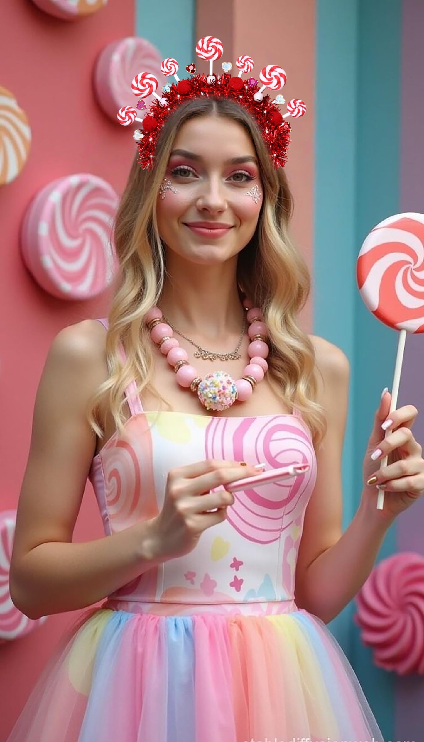 NVENF Candy Headband for Women Red Pink Candy Cane Christmas Headbands Kawaii Lollipop Headbands Candy Themed Party Favors Halloween Costume Holiday Christmas Outfits Birthday Gifts (Pattern C)
