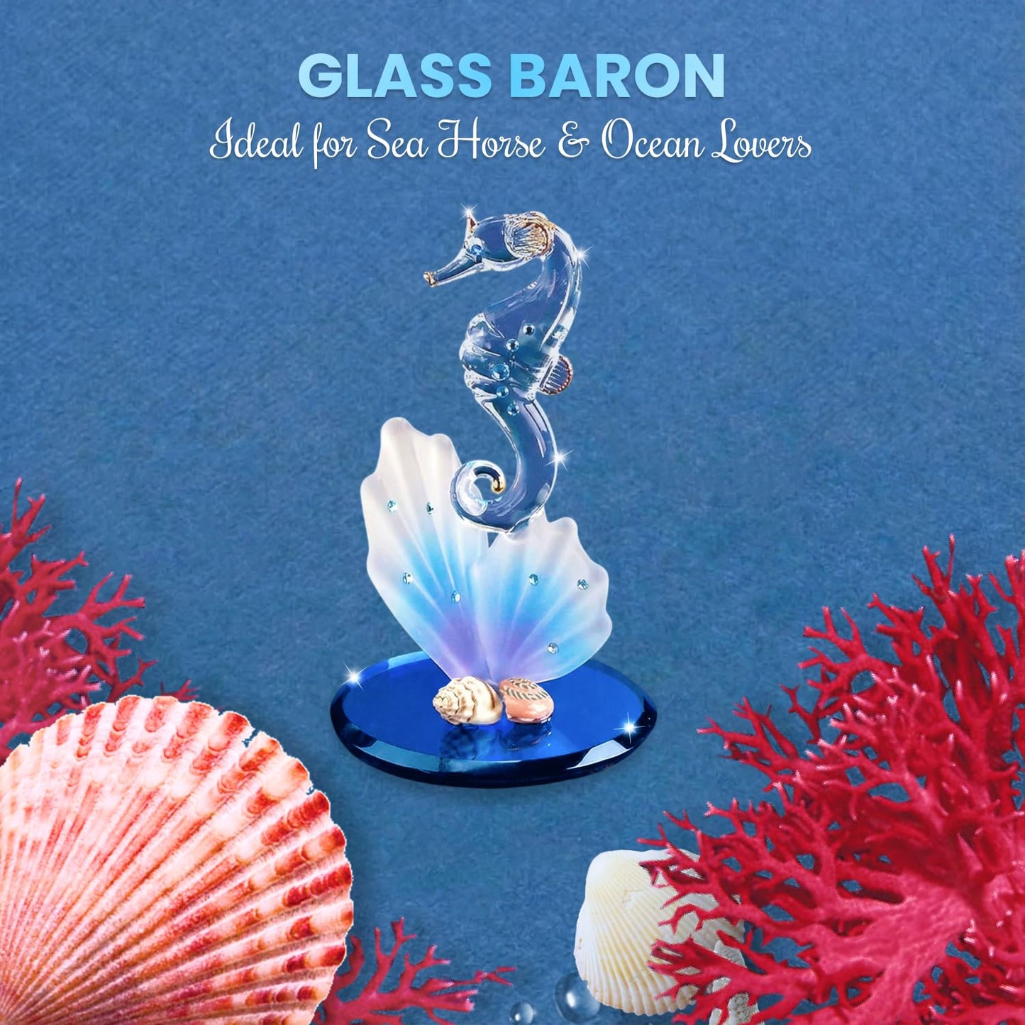 Glass Baron Sea Horse on Blue Coral Figurine