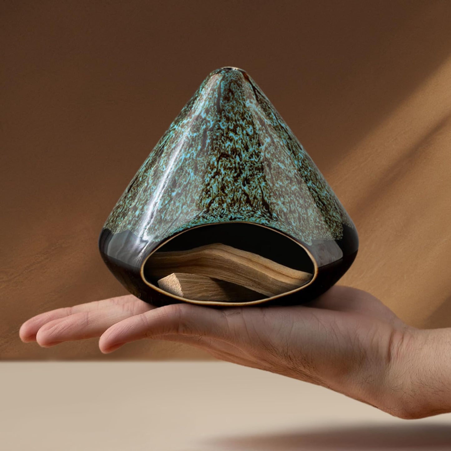 Handcrafted Ceramic Palo Santo Holder –Artistic Incense Burner for Meditation, Mindfulness & Zen Home Decor – Wabi-Sabi Style Cone Sculpture, Relaxation & Aromatherapy-Gift for Yoga (Viridis)