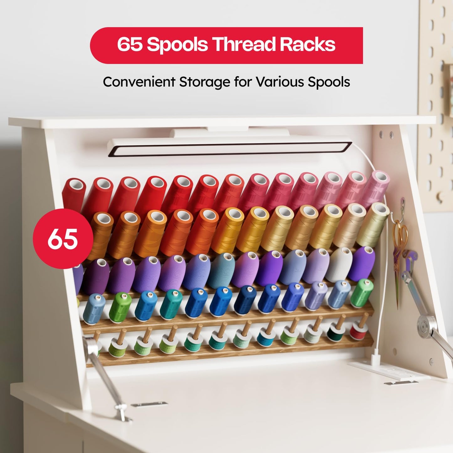 Crafit Sewing Table, Sewing Machine Desk with Under Cabinet Lights, Charging Station, 65 Spools Thread Rack Multipurpose Craft Storage Workspace Tables with Organizer Shelves, Compact Design