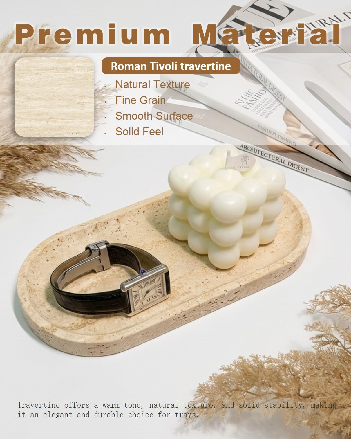 100% Natural Travertine Stone Tray for Perfume, Jewelry, Candle & Trinket Holder – Light Beige Stone Vanity Organizer for Bathroom, Coffee Table, or Living Room, 10"x5", Non-Resin/Ceramic