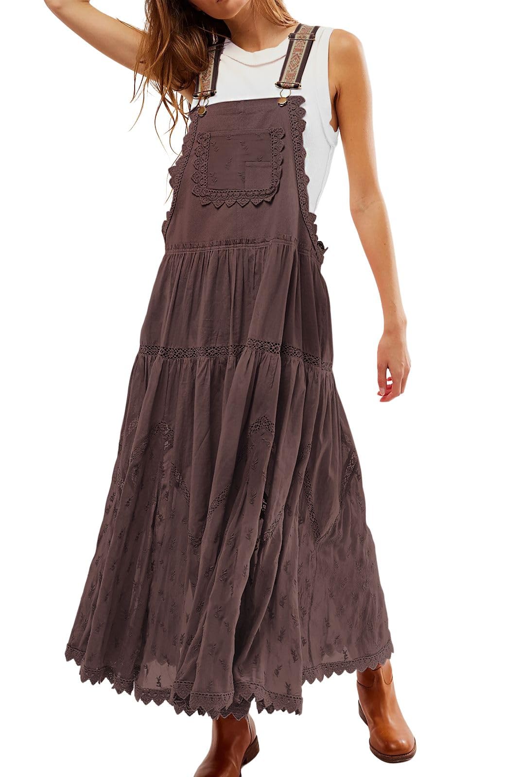 Women's Casual Lace Embroidered Maxi Dress Adjustable Strap Pleated Tiered Swing Long Dress with Pockets
