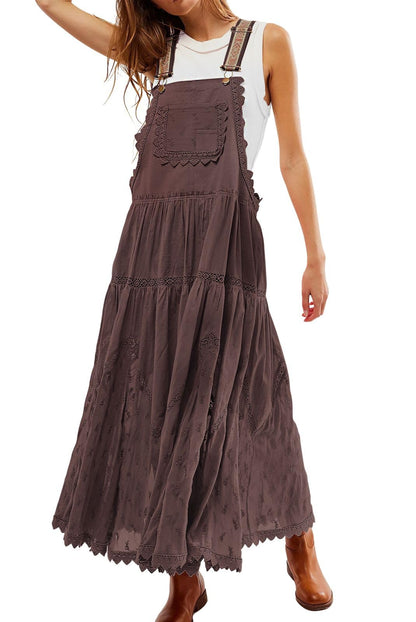 Women's Casual Lace Embroidered Maxi Dress Adjustable Strap Pleated Tiered Swing Long Dress with Pockets