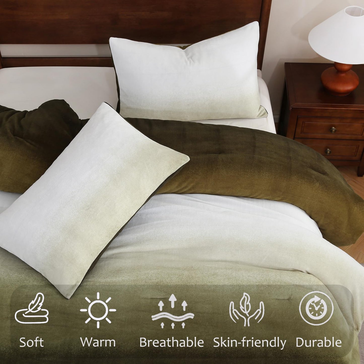 Bedbay Ombre Green Plush Fleece Comforter Set King Ultra Soft Velvety Bedding for Winter Thick Warm Cozy Gradient Quilt Set 3 Pcs All Season Fluffy Velvet King Bed Set with 2 Pillowcases