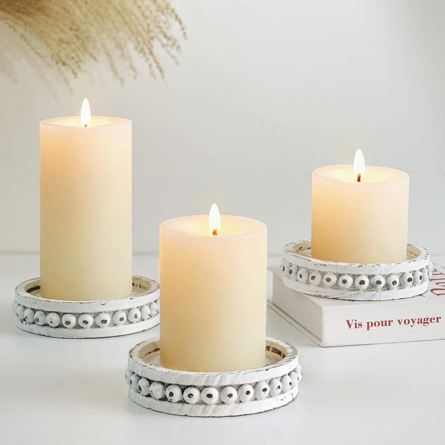 Hanobe Candle Holder for Pillar Candles: Set of 3 Rustic Farmhouse Wooden Candlestick Holders - Whitewashed Candle Stand for Table Centerpieces Fireplace Mantel Home Decor